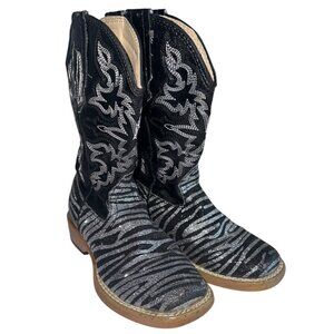 Roper Girls Glitter Zebra Square Toe Cowboy Boots Sz 9 Black Silver